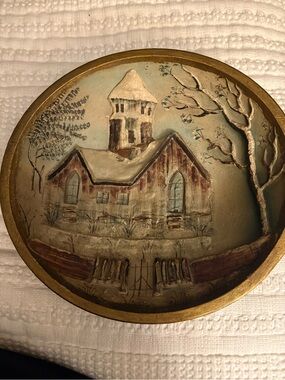 Vintage Hand-Painted Wood Relief Wall Hanging Bowl - Snowy Church Scene